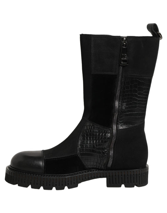 Black Patchwork Leather Mid Calf Boots Shoes