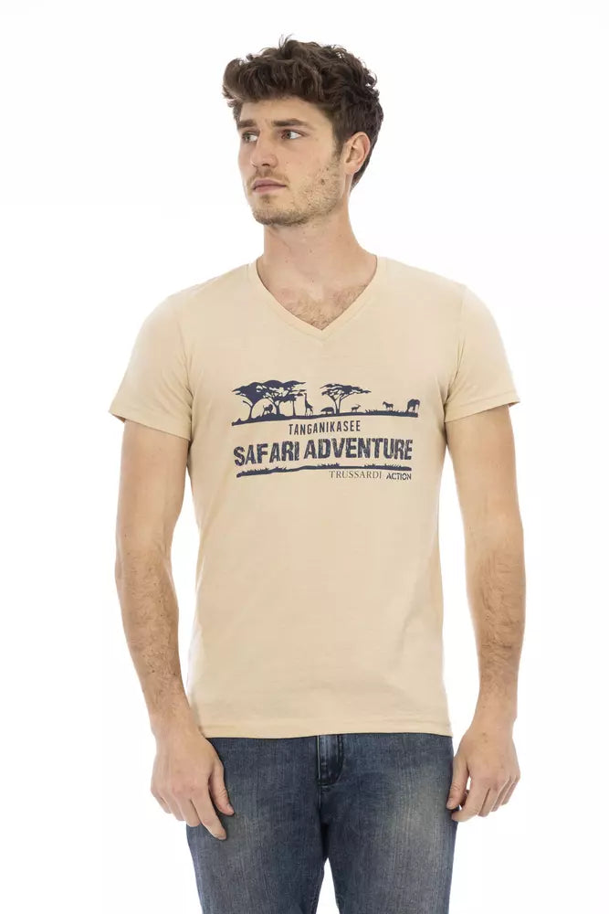 Beige Cotton Men V-Neck T-Shirt