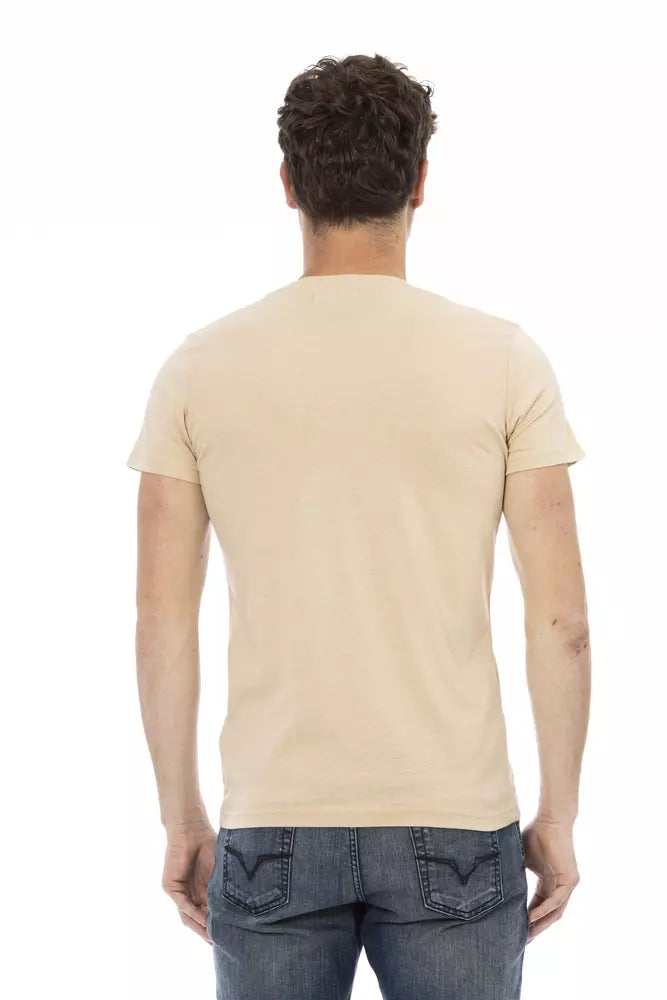 Beige Cotton Men V-Neck T-Shirt