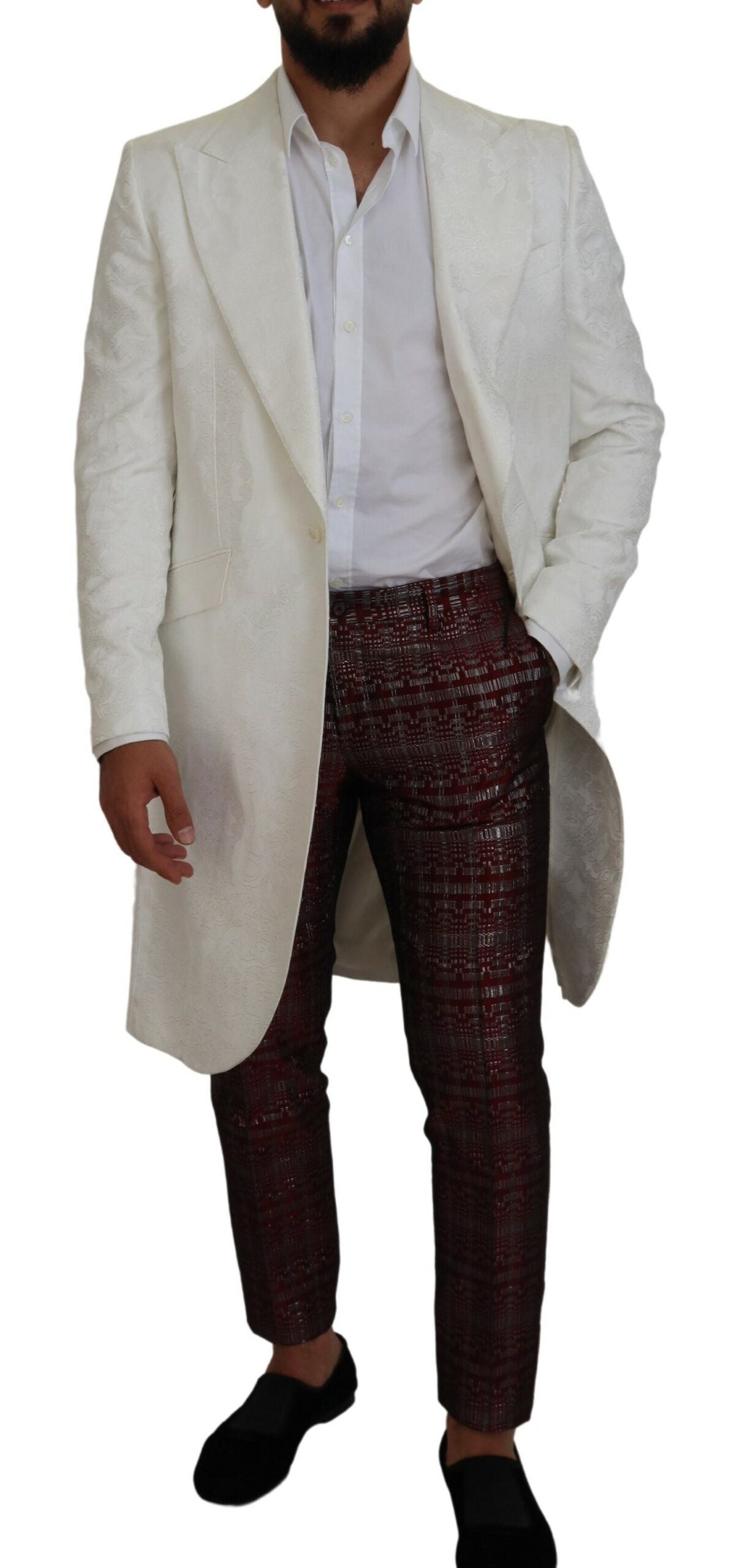White Floral Brocade Trench Coat Jacket