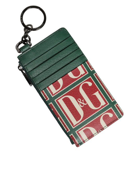 Green Calf Leather Logo Print Monogram Card Holder Wallet