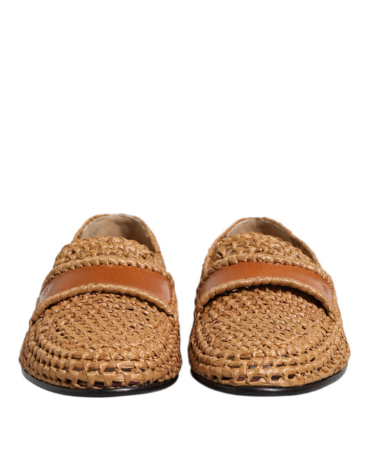 Brown Woven Raffia Slip On Loafers Shoes