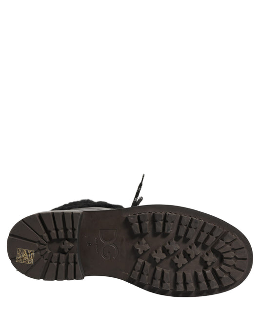 Black Trekking Fur Lace Leather Boots Shoes