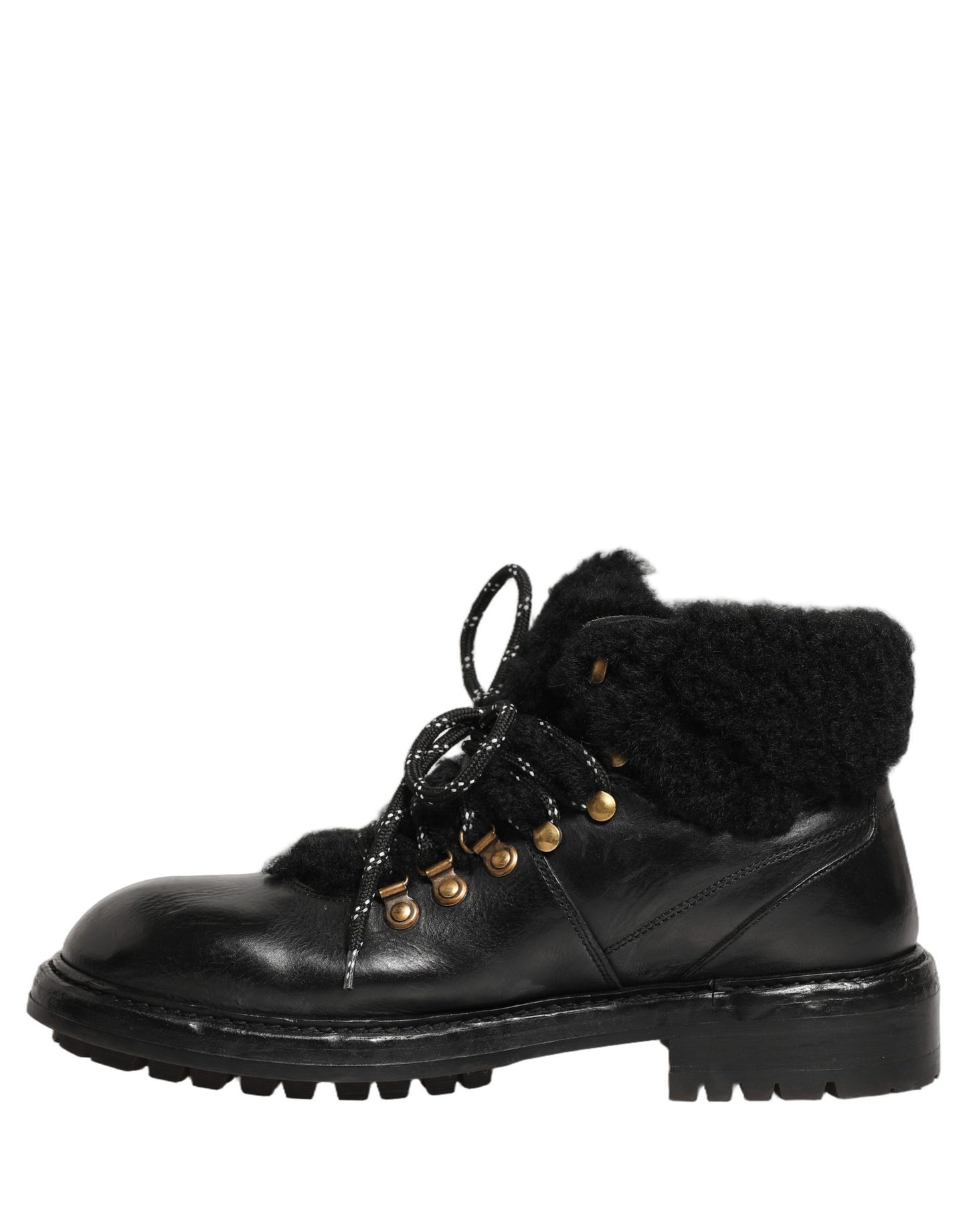 Black Trekking Fur Lace Leather Boots Shoes