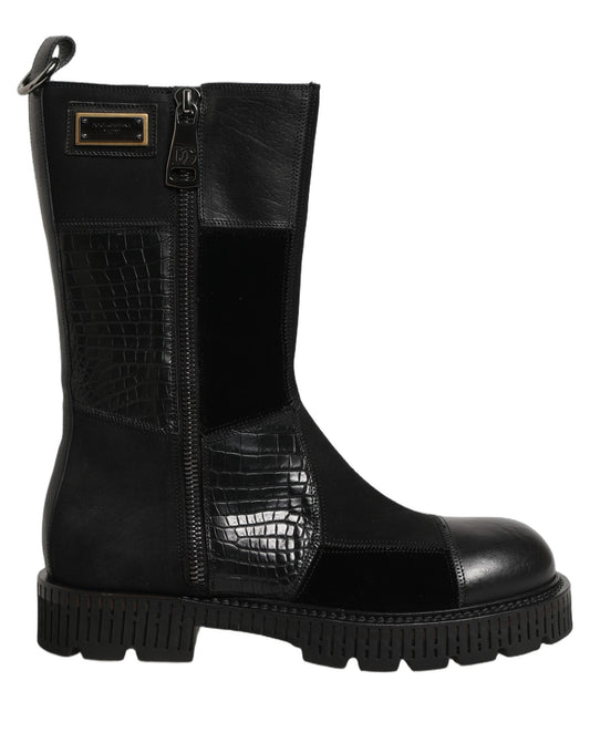 Black Patchwork Leather Mid Calf Boots Shoes