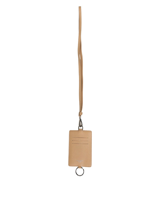 Beige Leather Logo Embossed Lanyard Card Holder Wallet