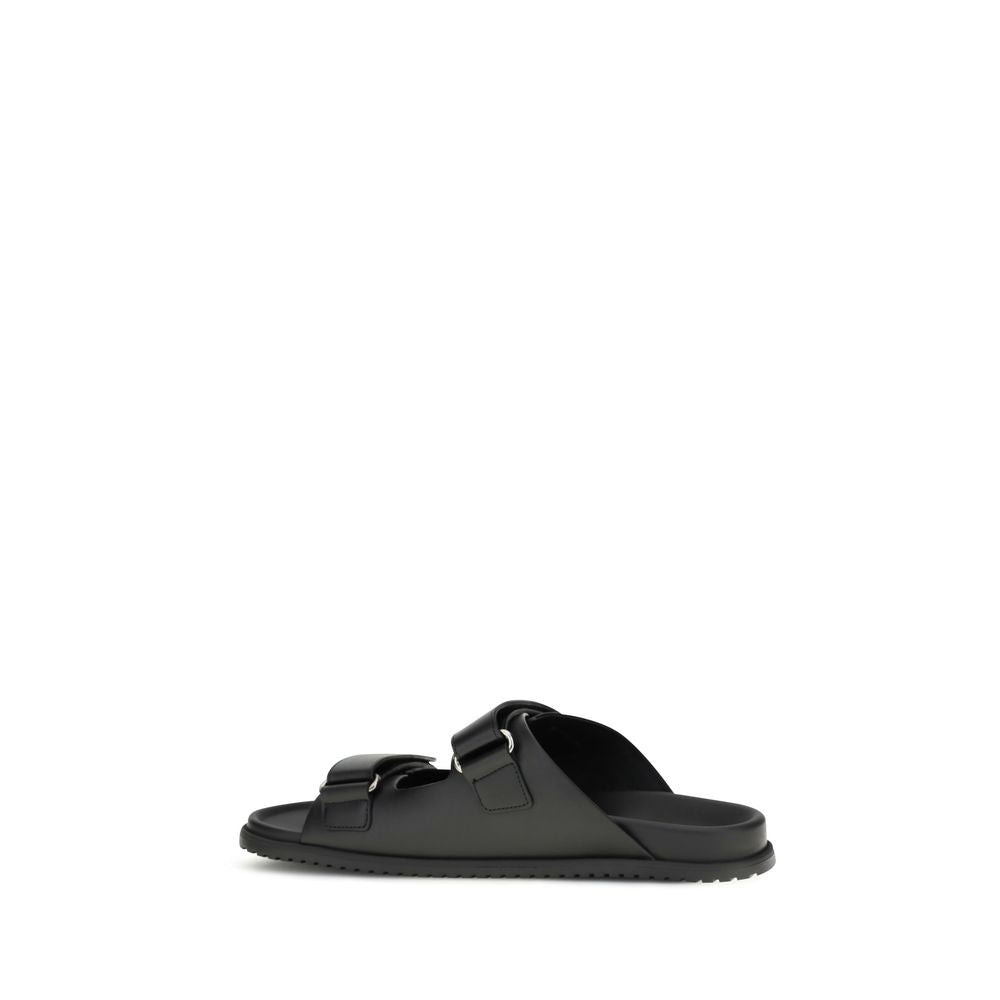 Black Calf Leather Bos Taurus Flat Sandals