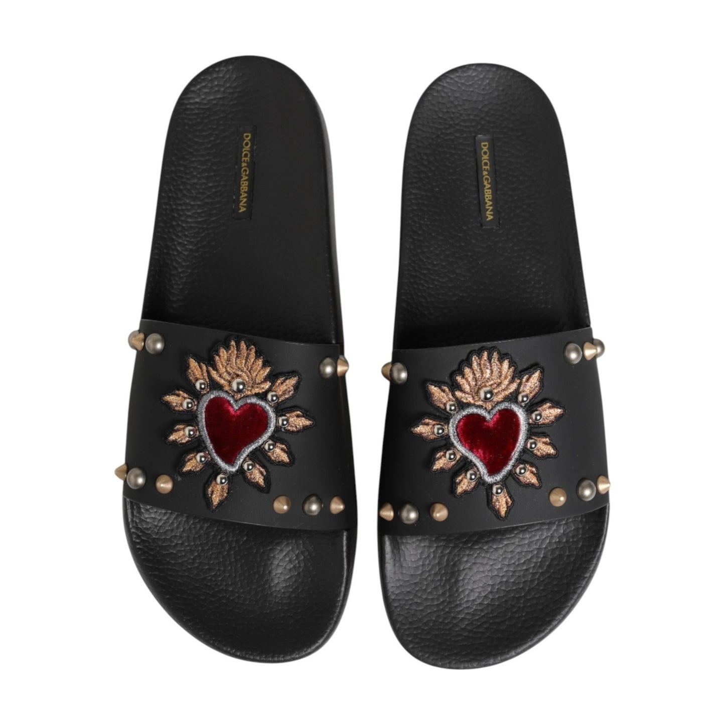 Black Heart Patch Rubber Calfskin Slippers Shoes