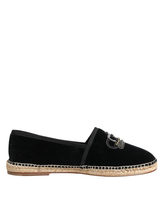 Black Embellished Crown Flat Espadrilles Shoes