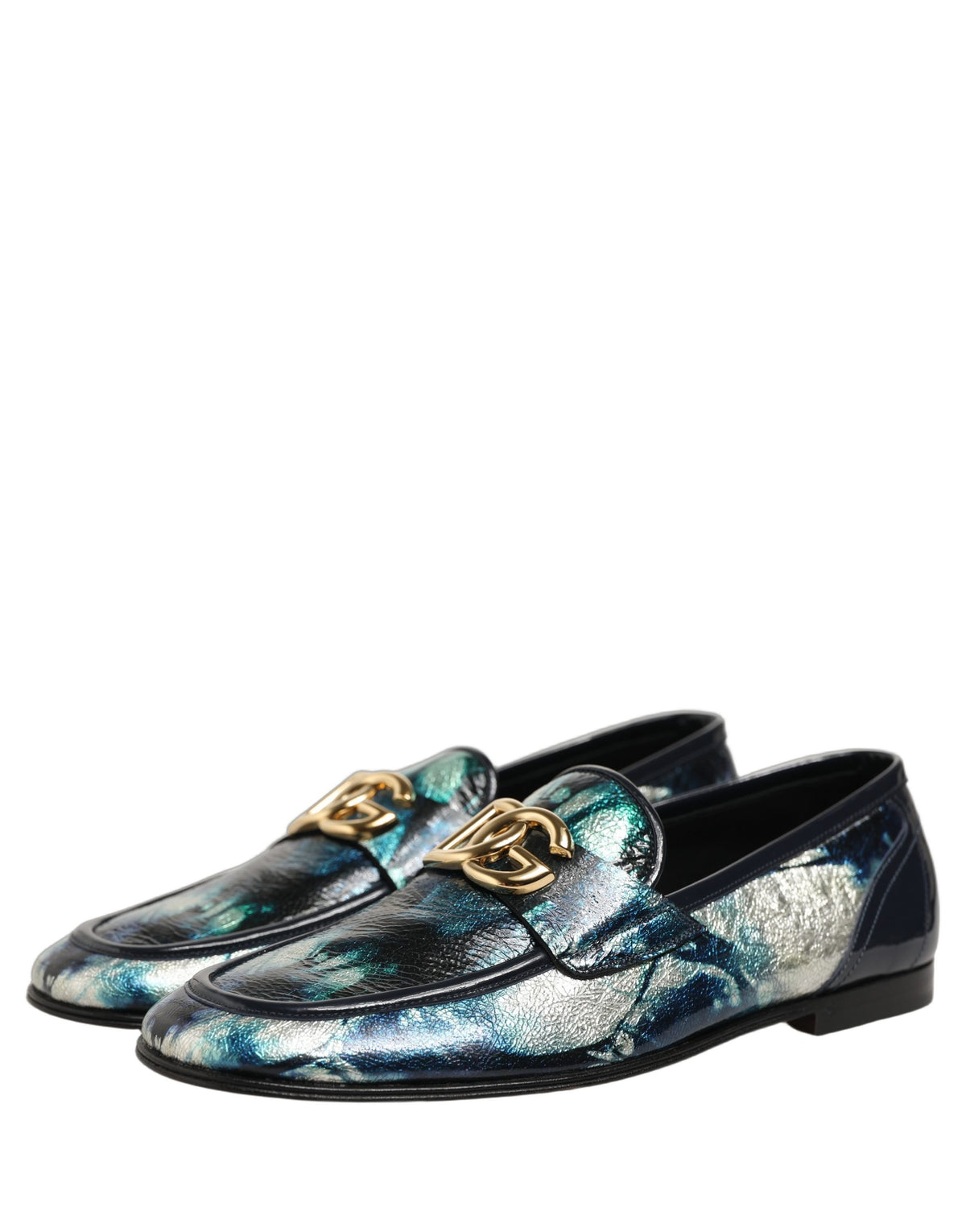 Metallic Blue Silver Leather DG Loafers Shoes
