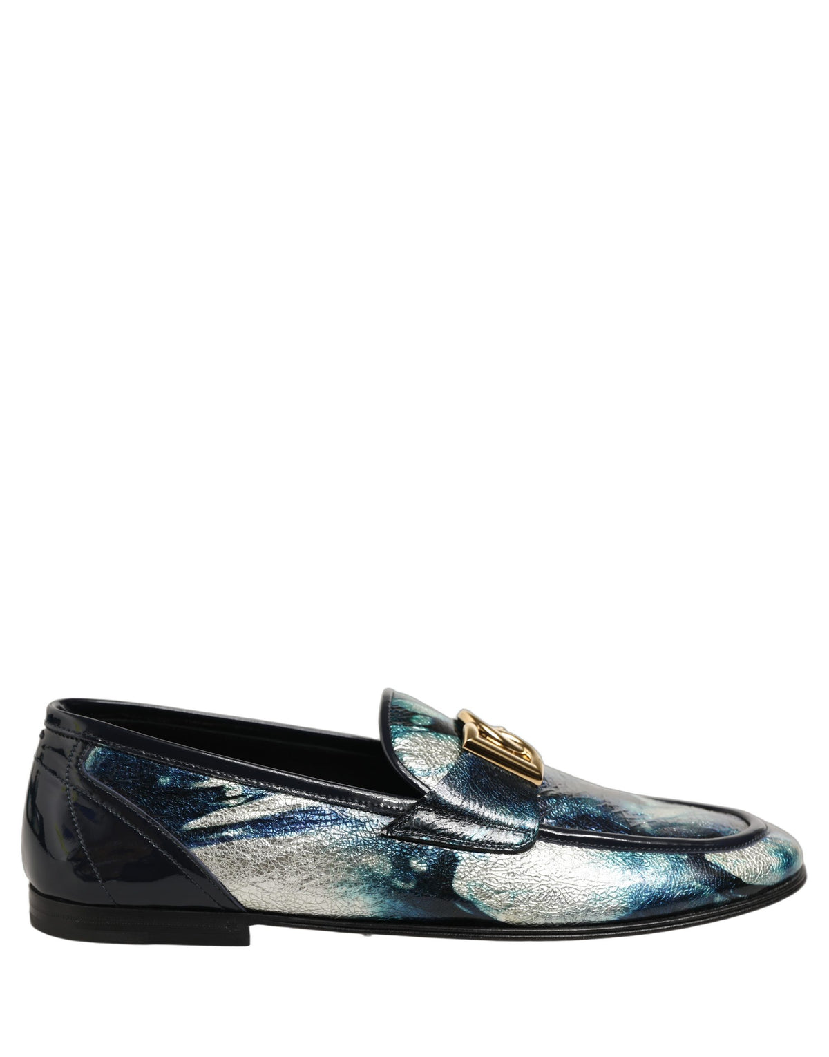 Metallic Blue Silver Leather DG Loafers Shoes