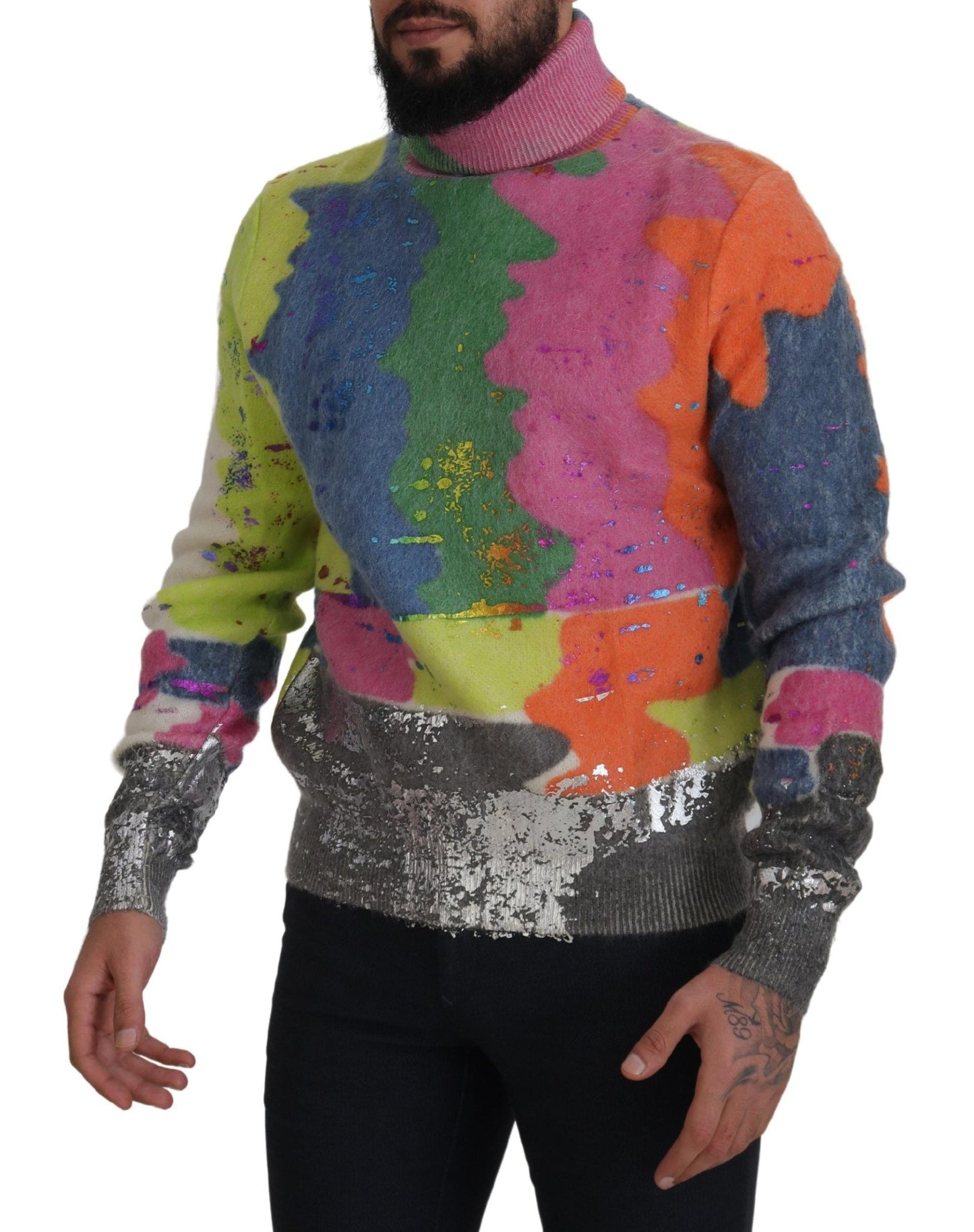 Multicolor Turtleneck Pullover Mohair Sweater