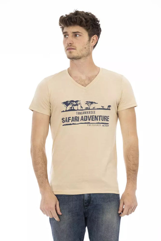 Beige Cotton Men V-Neck T-Shirt