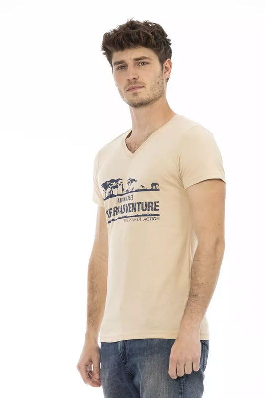 Beige Cotton Men V-Neck T-Shirt