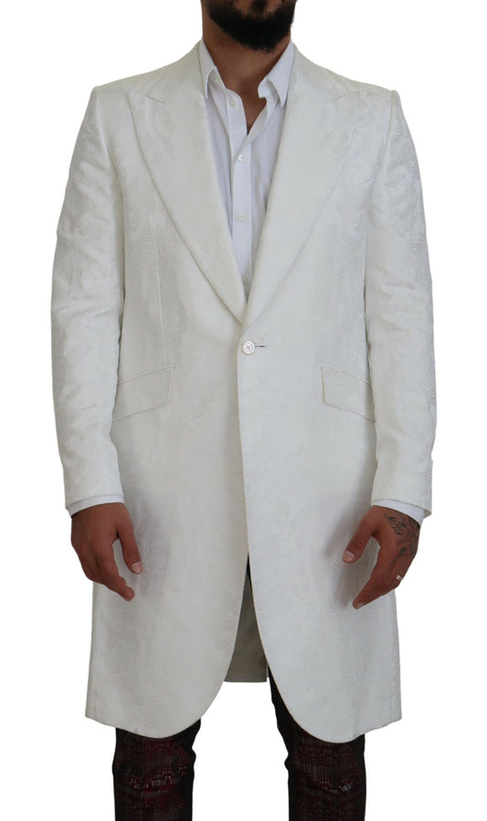 White Floral Brocade Trench Coat Jacket