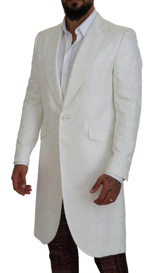 White Floral Brocade Trench Coat Jacket
