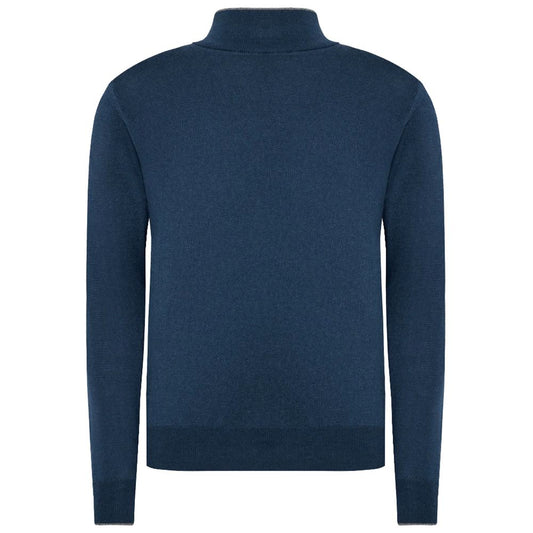 Blue Wool Men Sweater with Half Zip Closure