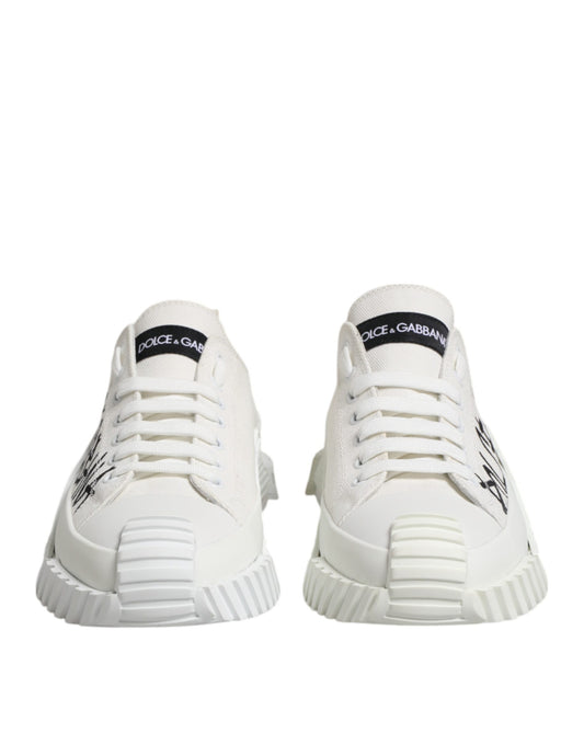 White Logo Print Lace Up Low Top Sneakers Shoes