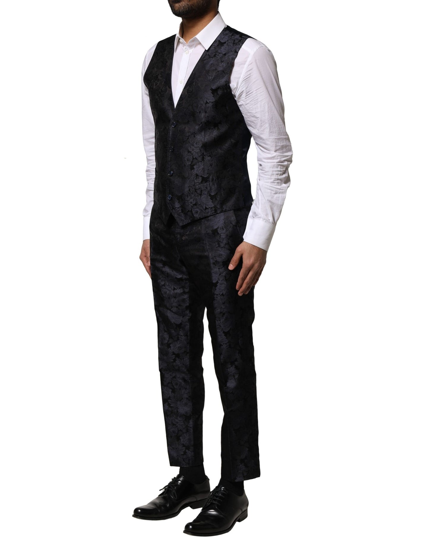 Dark Gray Black Jacquard 3 Piece Single Breasted Suit