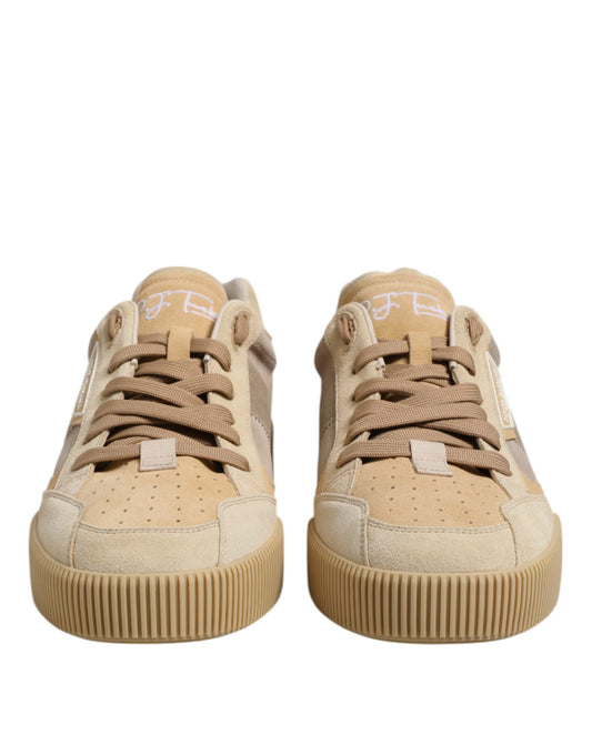 Beige Leather Low Top Lace Up Sneakers Shoes