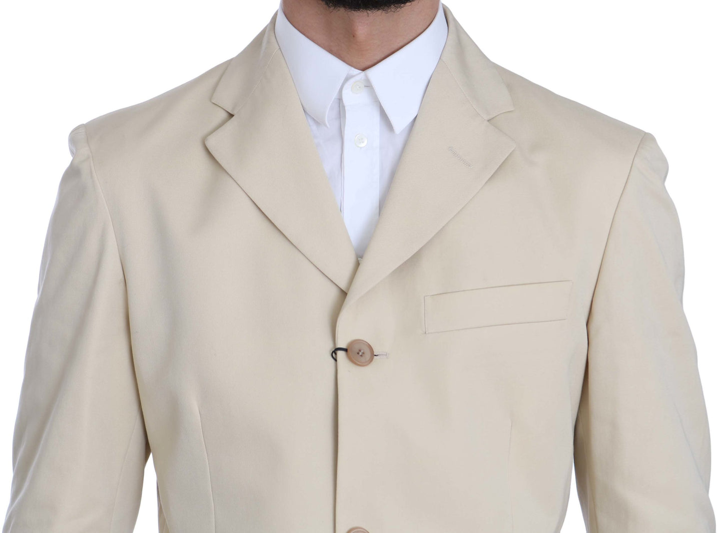 Two Piece 3 Button Beige Cotton Solid Suit