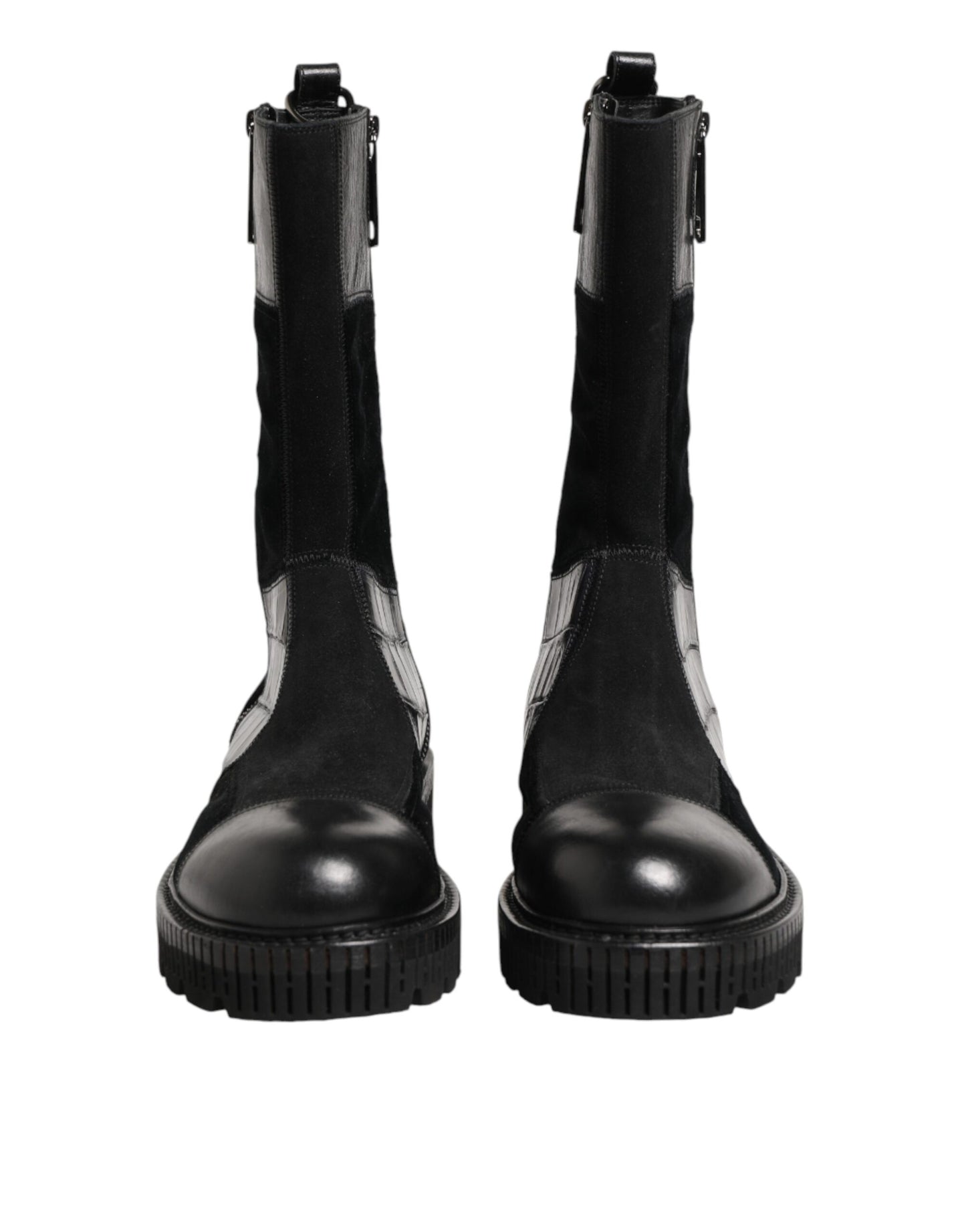 Black Patchwork Leather Mid Calf Boot  Shoes